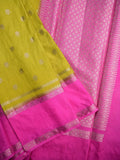 Banaras fancy saree golden yellow color allover zari motifs & kaddi border with conrast brocade pallu and brocade blouse