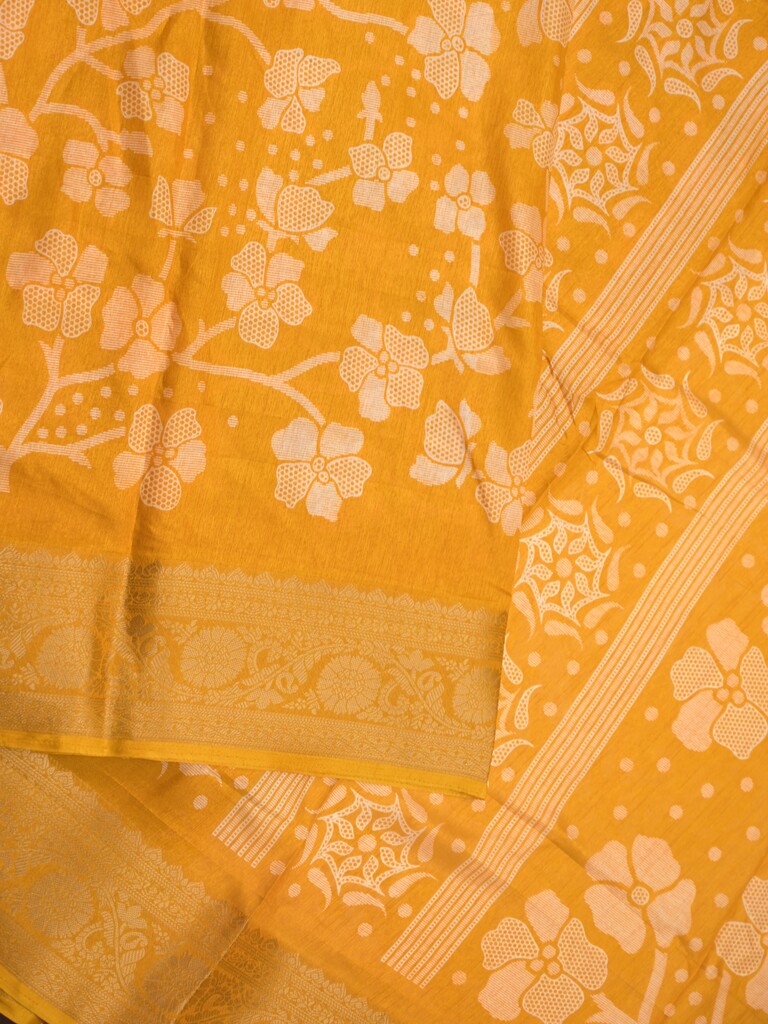 Dola silk fancy saree yellow color allover digital prints & zari border with printed pallu and printed blouse