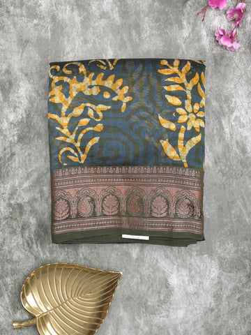 Maheshwari fancy saree navy blue color allover prints & zari border with rich pallu and attached printed blouse