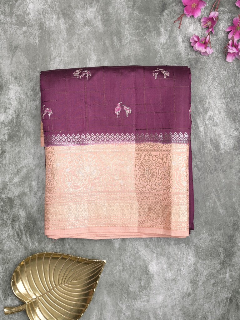 Munga pattu saree wine color allover weaves & zari border with short pallu and attached plain blouse