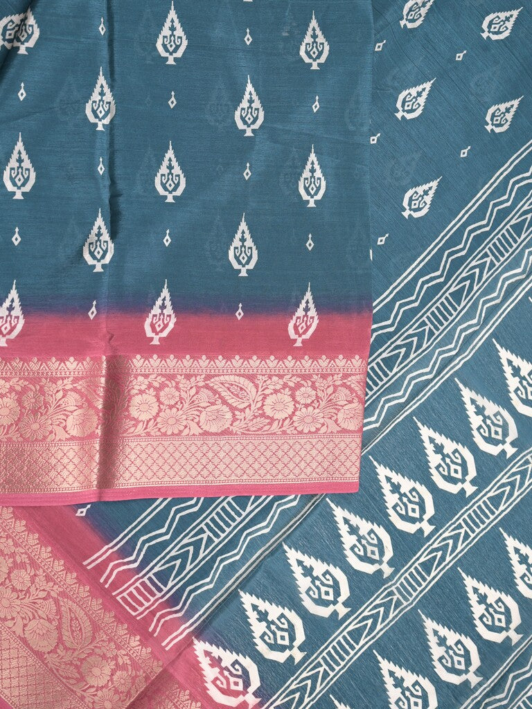 Chiffon fancy saree peacock blue color allover digital prints & zari border with printed pallu and printed blouse