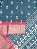 Chiffon fancy saree peacock blue color allover digital prints & zari border with printed pallu and printed blouse