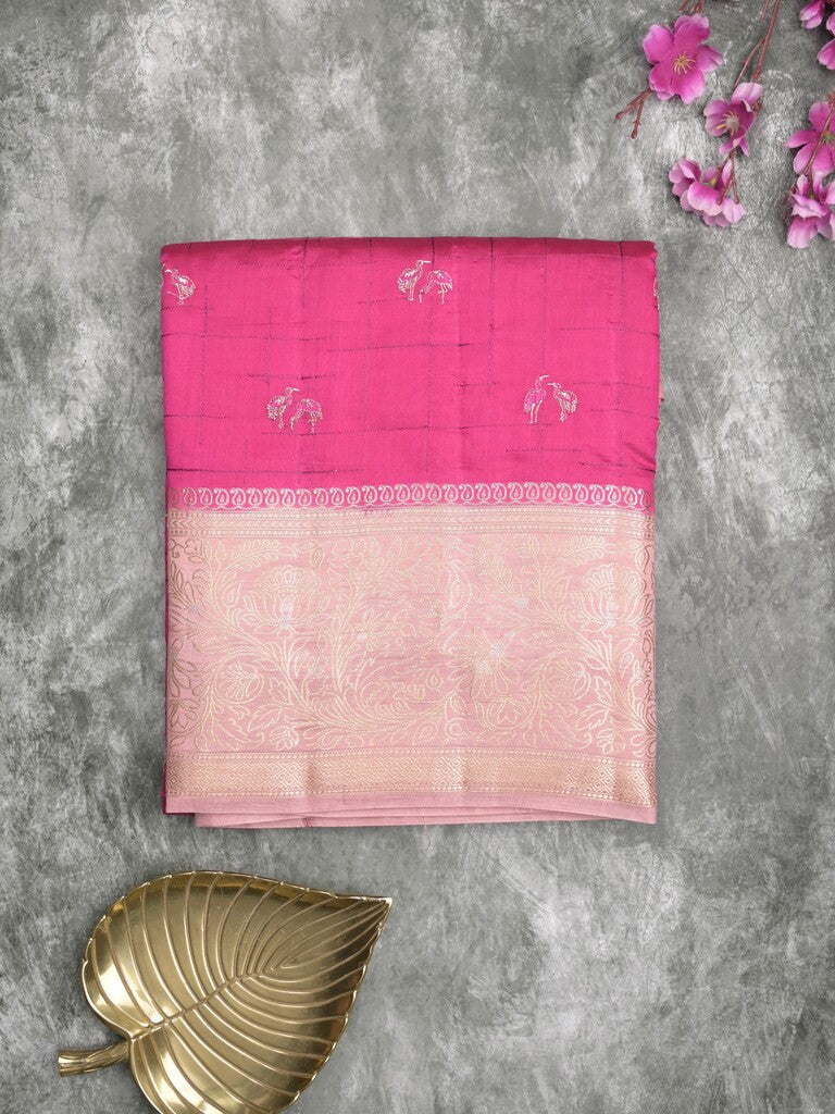 Munga pattu saree pink color allover weaves & zari border with short pallu and attached plain blouse