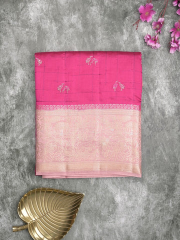Munga pattu saree pink color allover weaves & zari border with short pallu and attached plain blouse