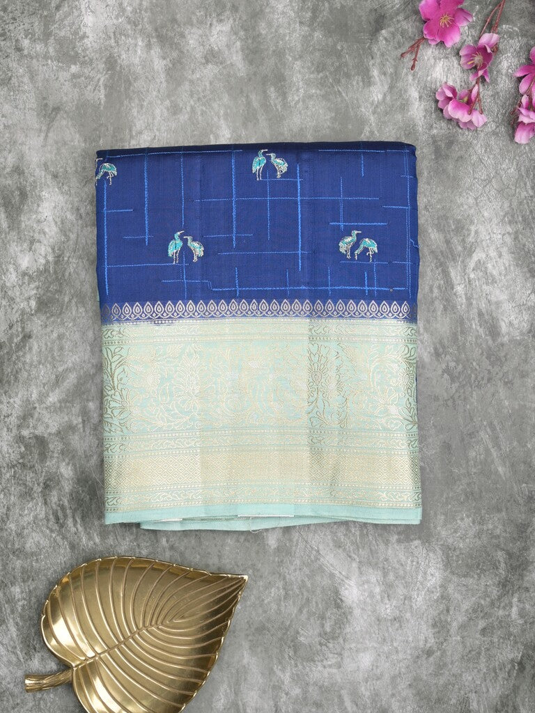 Munga pattu saree royal blue color allover weaves & zari border with short pallu and attached plain blouse