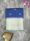 Munga pattu saree royal blue color allover weaves & zari border with short pallu and attached plain blouse