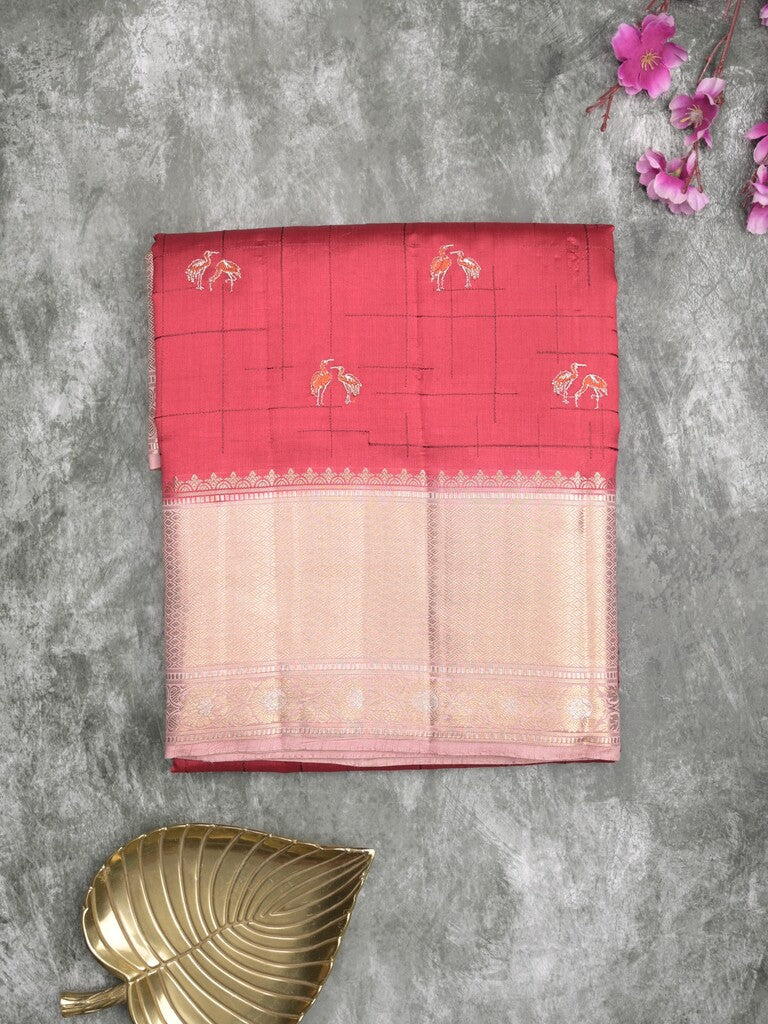 Munga pattu saree red color allover weaves & zari border with short pallu and attached plain blouse