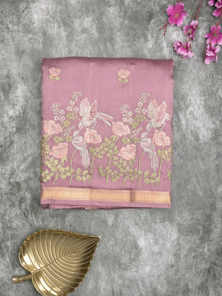 Munga pattu saree light purple color allover embroidery butis & small zari border with short pallu and attached plain blouse