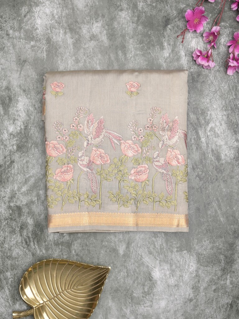 Munga pattu saree light grey color allover embroidery butis & small zari border with short pallu and attached plain blouse
