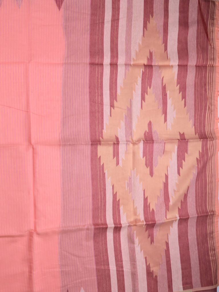 Chanderi fancy saree coral pink color allover plain & temple border with weaving pallu and plain blouse