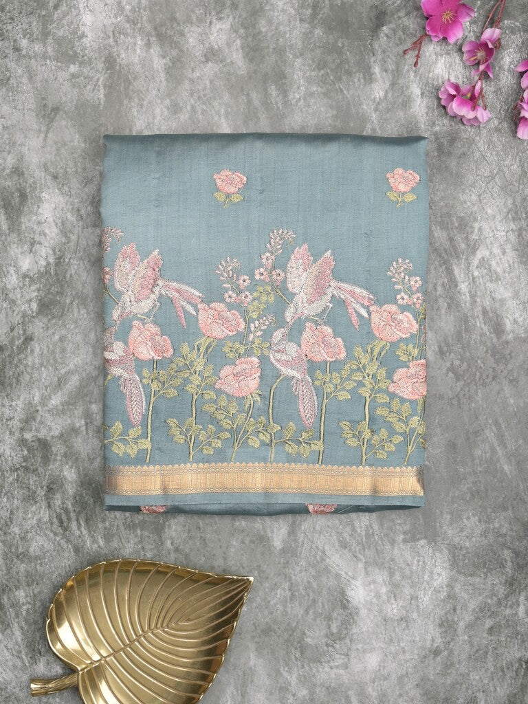 Munga pattu saree light blue color allover embroidery butis & small zari border with short pallu and attached plain blouse