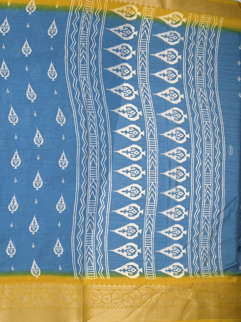 Chiffon fancy saree sky blue color allover digital prints & zari border with printed pallu and printed blouse