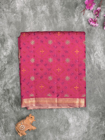 Munga pattu saree pink color allover weaves & small zari border with short pallu and attached plain blouse