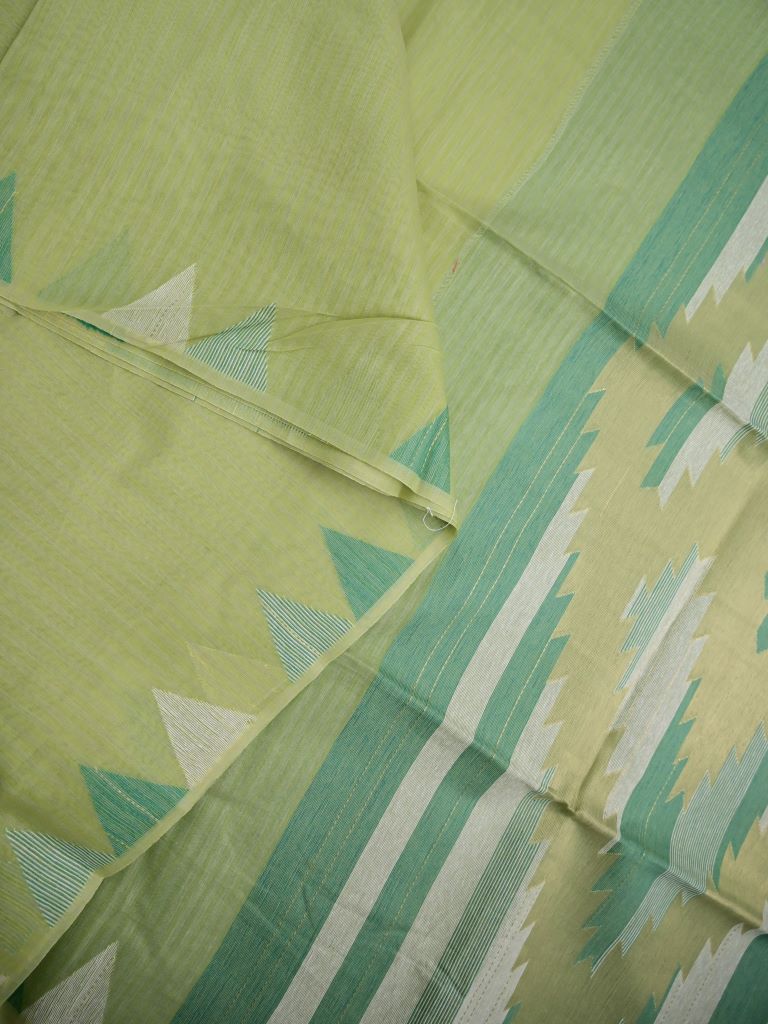 Chanderi fancy saree light olive green color allover plain & temple border with weaving pallu and plain blouse