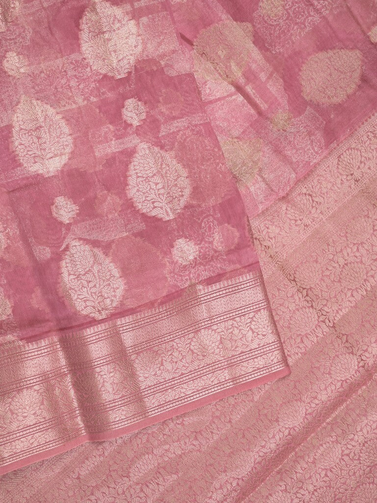 Maheshwari fancy saree light pink color allover zari motifs & zari border with brocade pallu and attached plain blouse