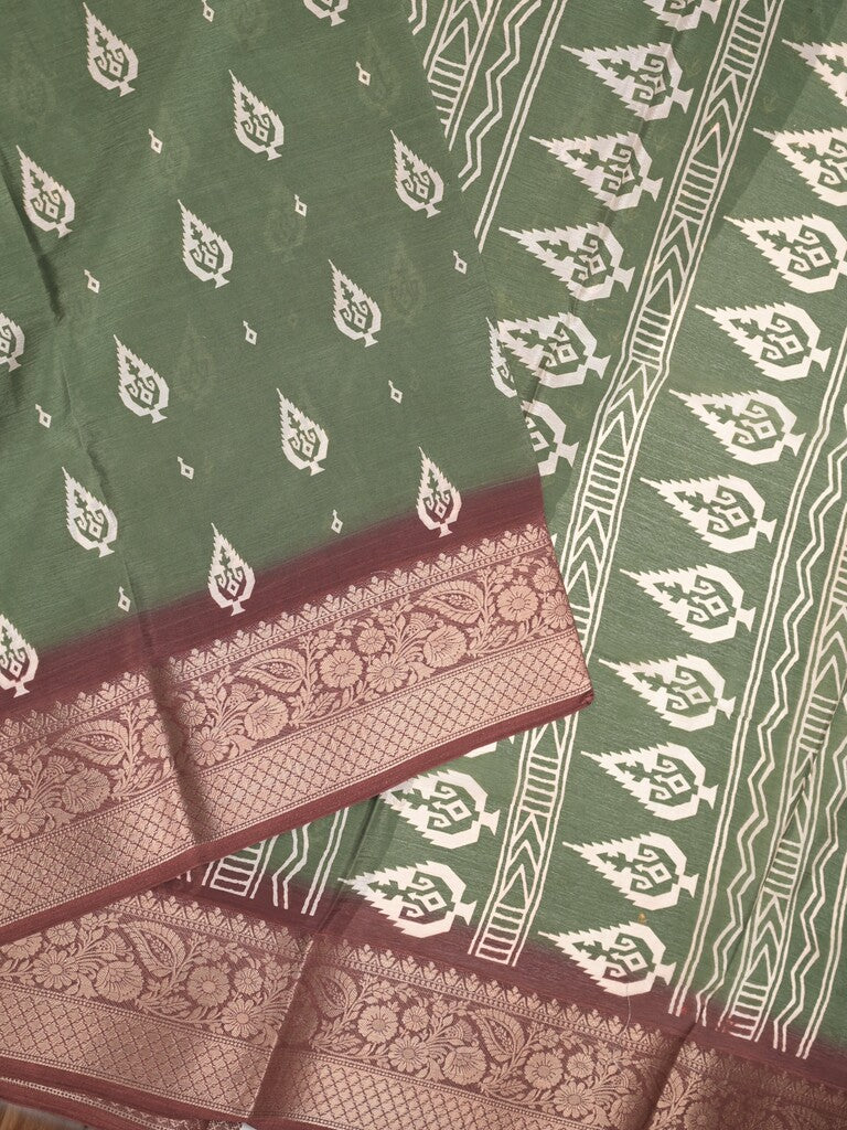 Chiffon fancy saree light olive green color allover digital prints & zari border with printed pallu and printed blouse