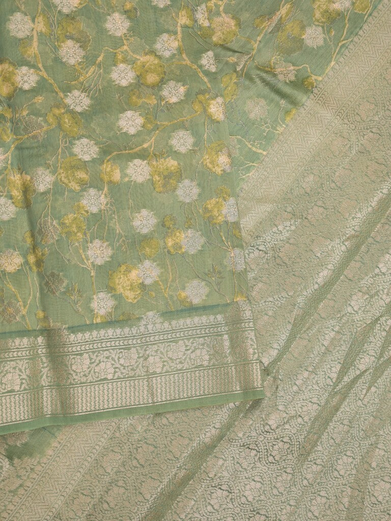 Maheshwari fancy saree olive green color allover zari motifs & zari border with brocade pallu and attached plain blouse