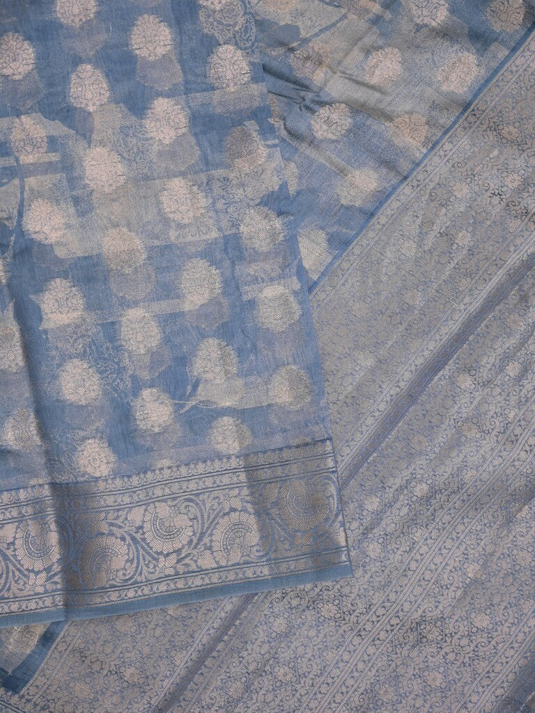 Maheshwari fancy saree light blue color allover zari motifs & zari border with brocade pallu and attached plain blouse