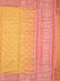 Maheshwari fancy saree golden yellow color allover zari motifs & zari border with brocade pallu and attached plain blouse