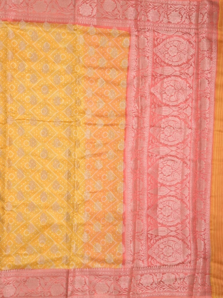 Maheshwari fancy saree golden yellow color allover zari motifs & zari border with brocade pallu and attached plain blouse