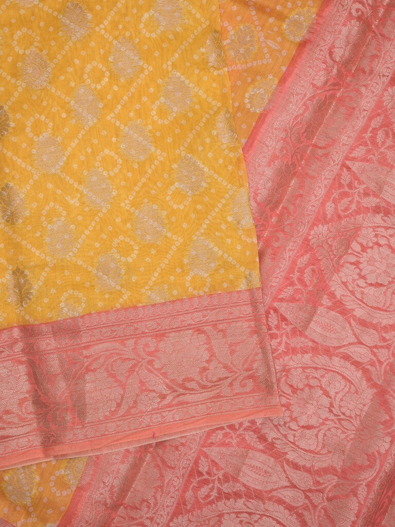 Maheshwari fancy saree golden yellow color allover zari motifs & zari border with brocade pallu and attached plain blouse