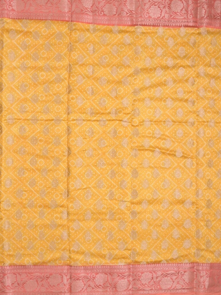 Maheshwari fancy saree golden yellow color allover zari motifs & zari border with brocade pallu and attached plain blouse