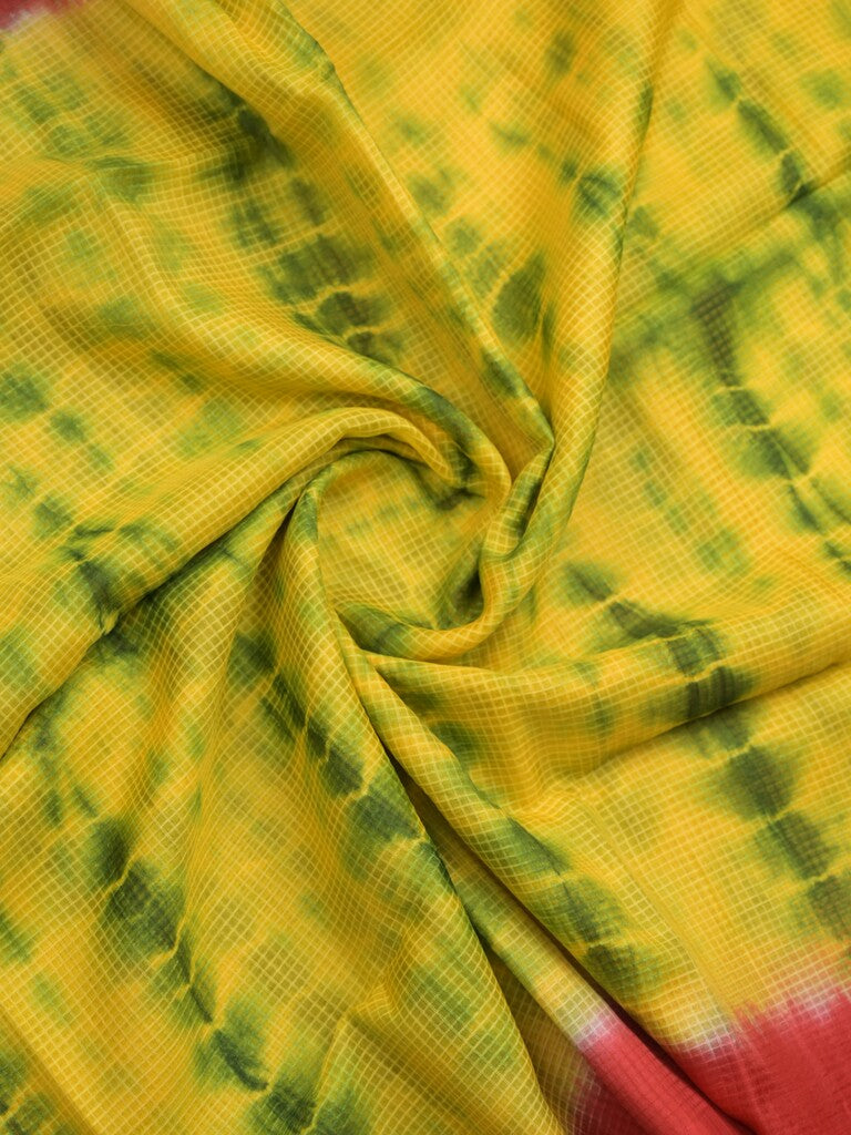 Bhagalpur fancy saree lemon yellow color allover shibori prints & small kaddi border with contrast pallu and attached plain blouse