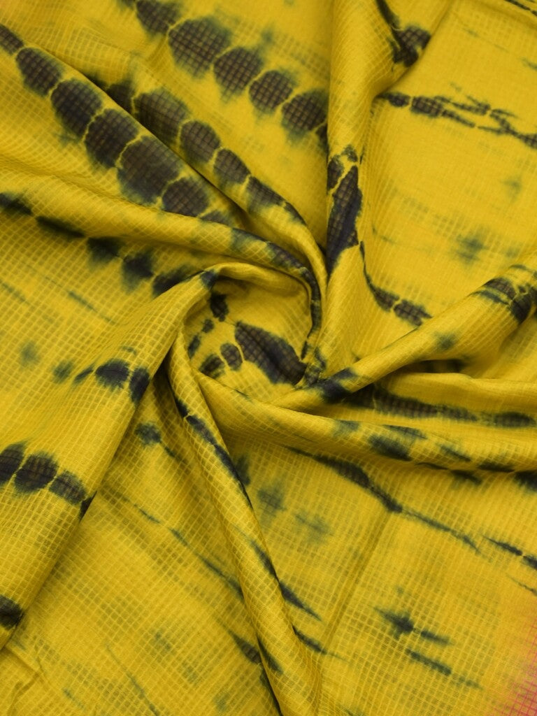 Bhagalpur fancy saree lemon yellow color allover shibori prints & small kaddi border with contrast pallu and attached plain blouse