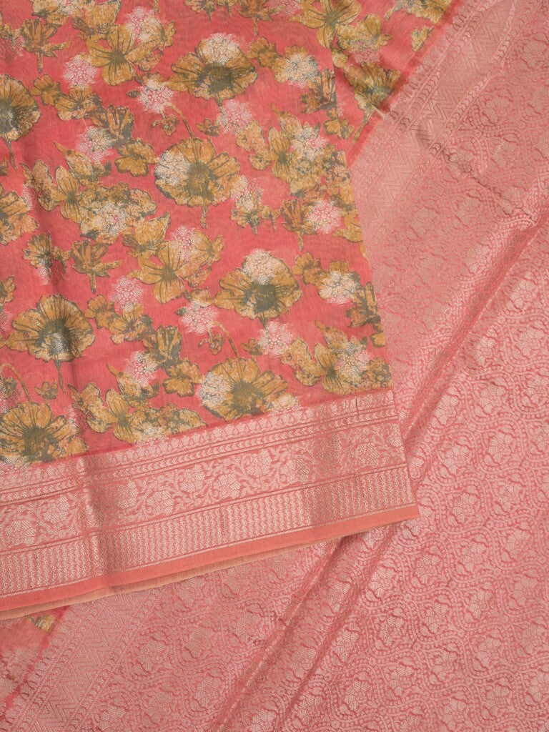 Maheshwari fancy saree light pink color allover zari motifs & zari border with brocade pallu and attached plain blouse
