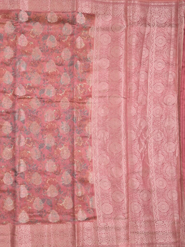Maheshwari fancy saree onion pink color allover zari motifs & zari border with brocade pallu and attached plain blouse