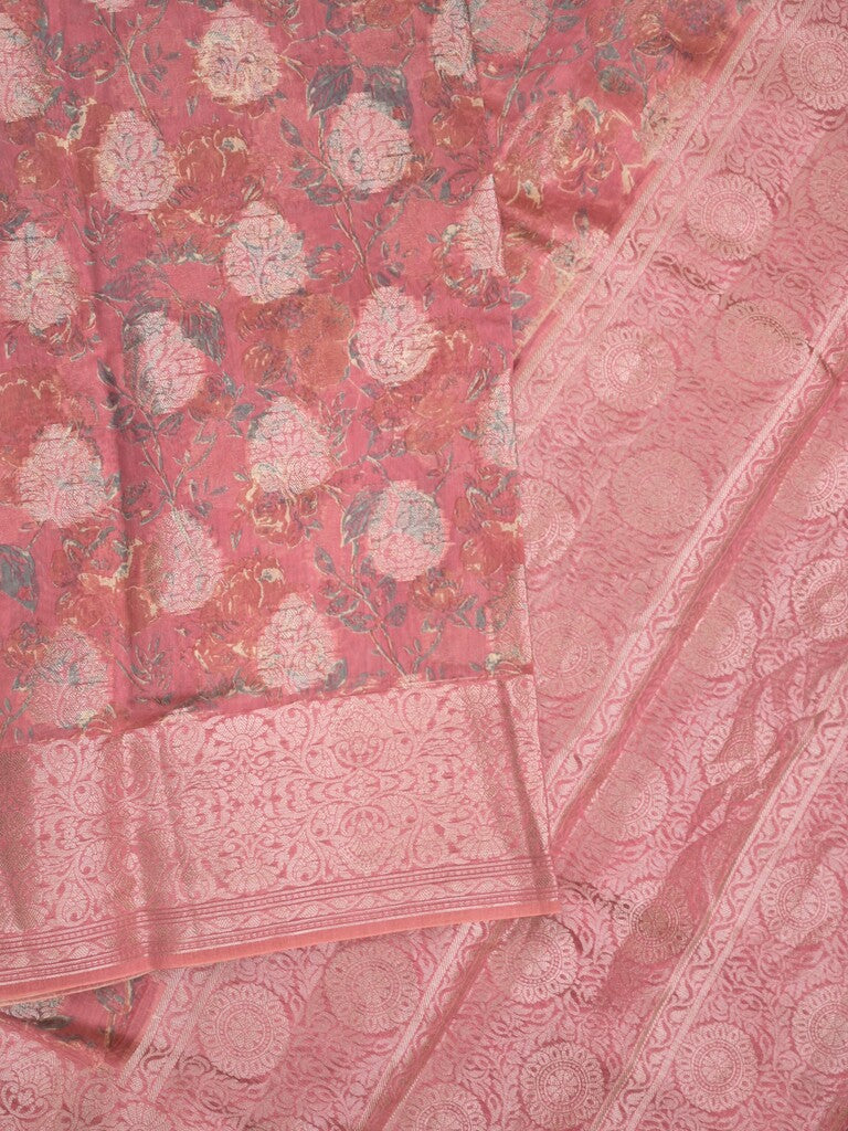 Maheshwari fancy saree onion pink color allover zari motifs & zari border with brocade pallu and attached plain blouse