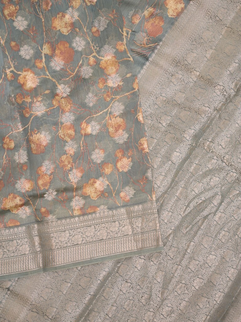 Maheshwari fancy saree grey color allover zari motifs & zari border with brocade pallu and attached plain blouse