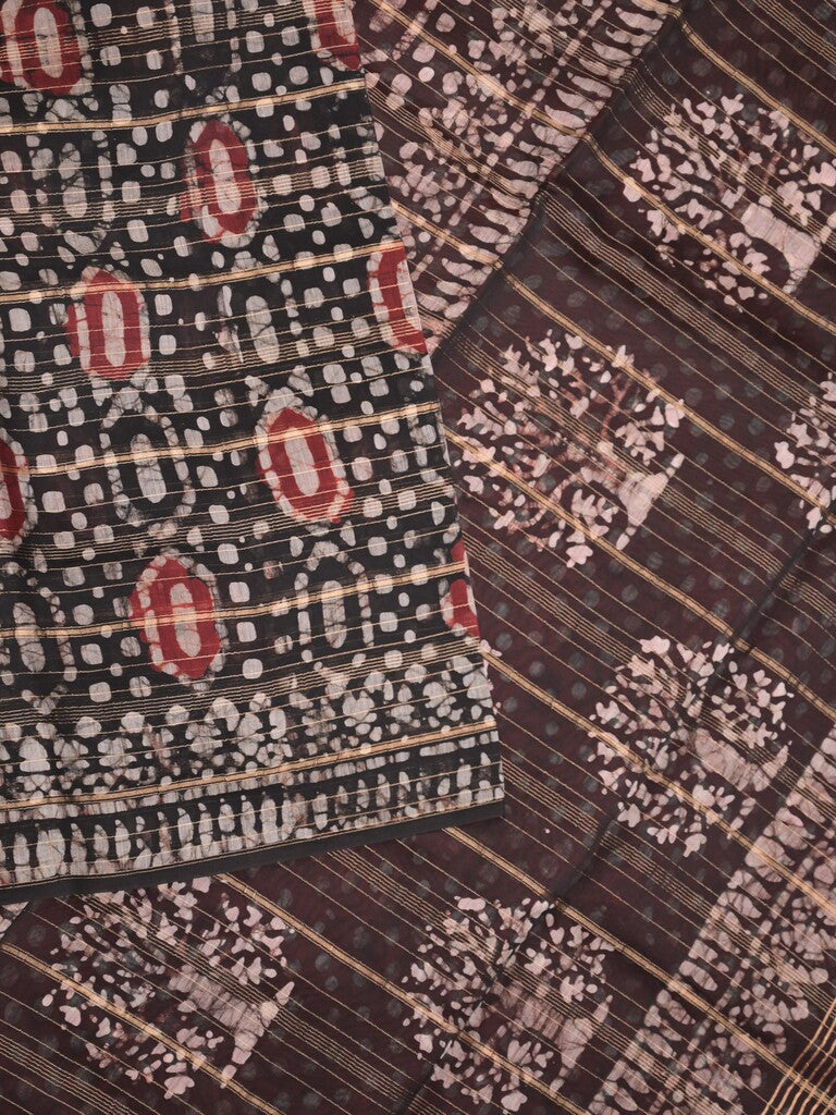 Maheshwari fancy saree black color allover prints & zari border with short pallu and attached printed blouse