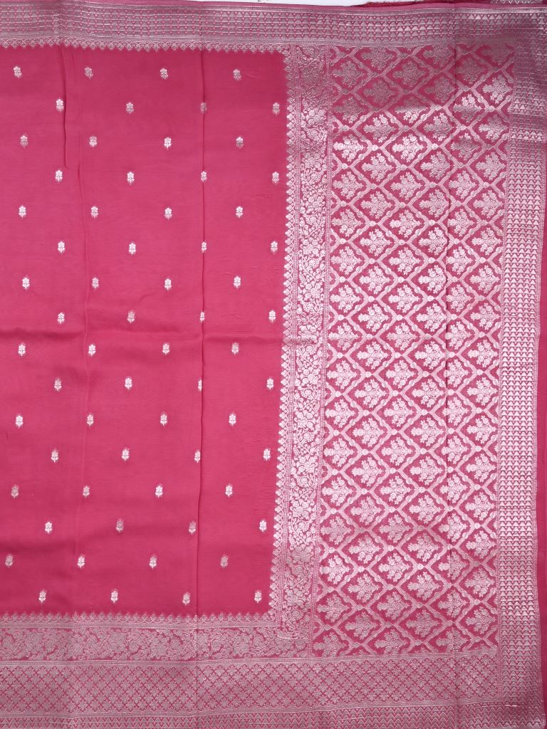 Georgette fancy saree pink color allover zari motifs & big zari border with rich pallu and attached plain blouse