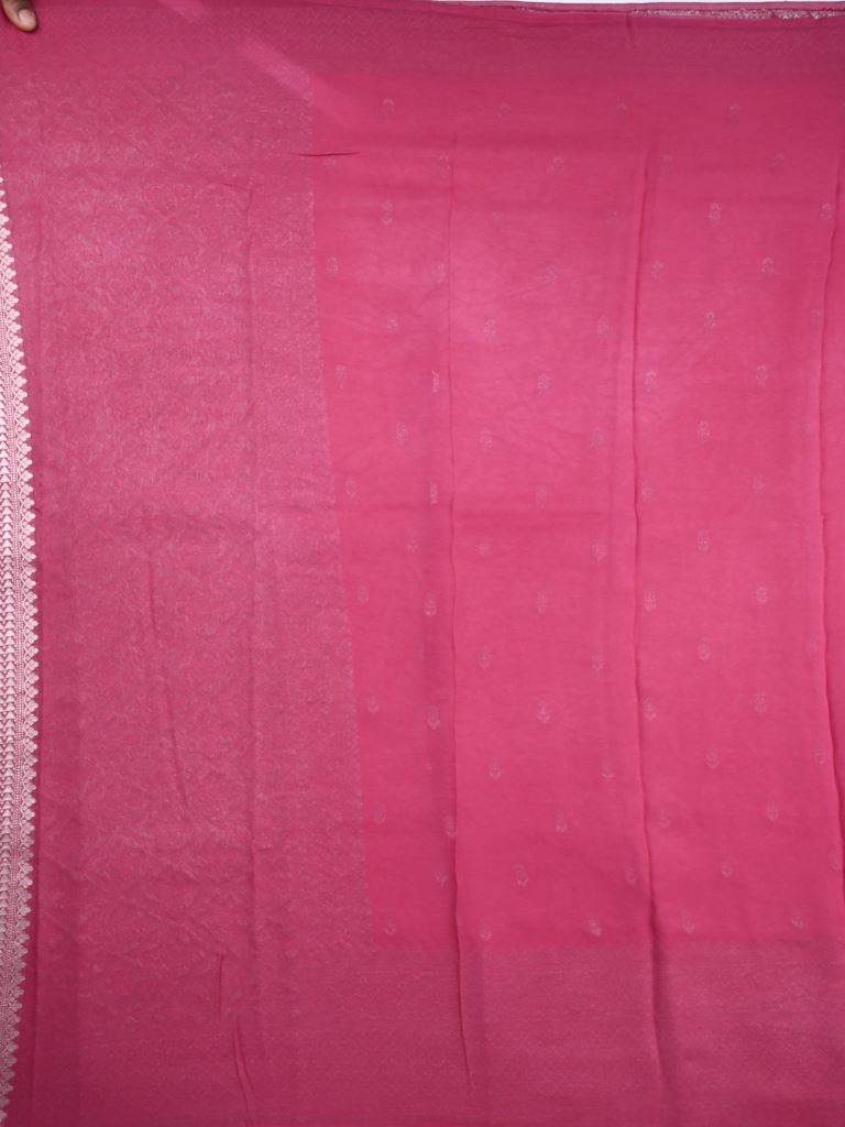 Georgette fancy saree pink color allover zari motifs & big zari border with rich pallu and attached plain blouse