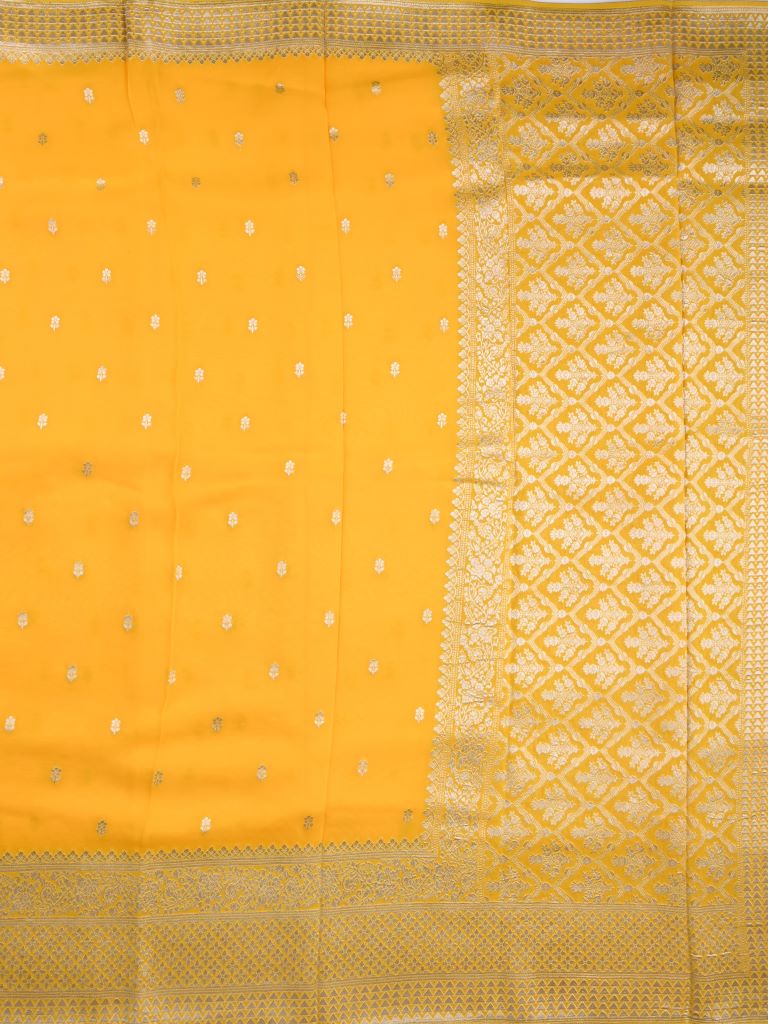 Georgette fancy saree lemon yellow color allover zari motifs & big zari border with rich pallu and attached plain blouse