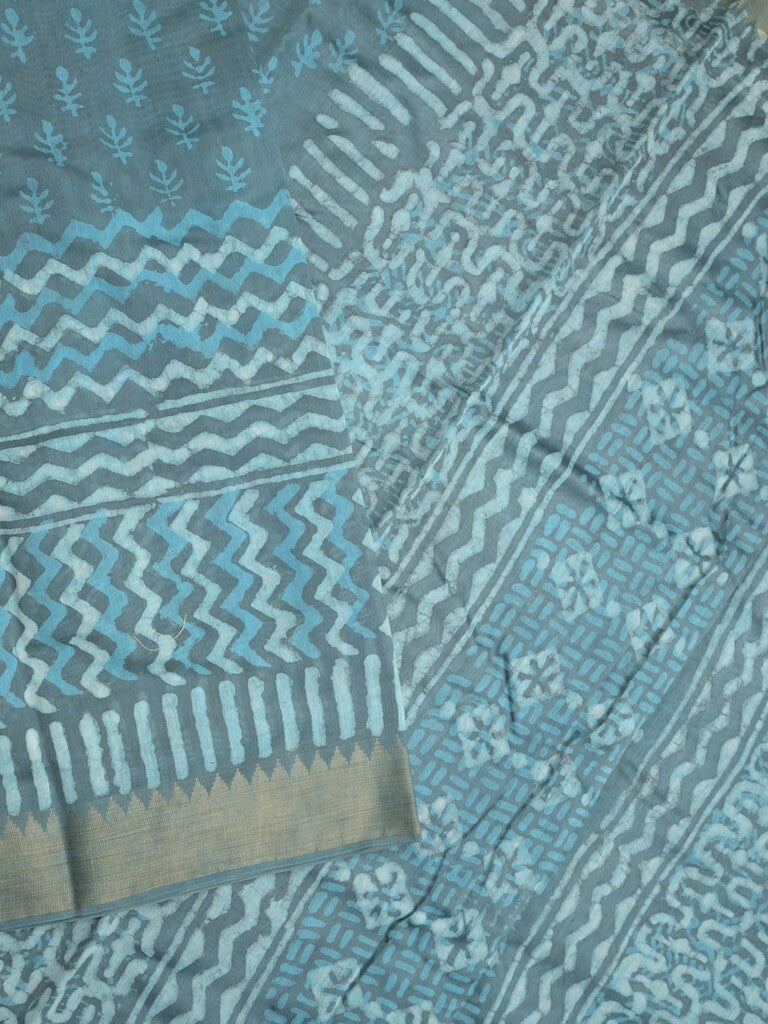 Maheshwari fancy saree sky blue color allover prints & zari border with short pallu and attached printed blouse