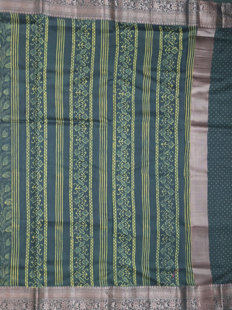 Maheshwari fancy saree dark green color allover prints & zari border with rich pallu and attached printed blouse