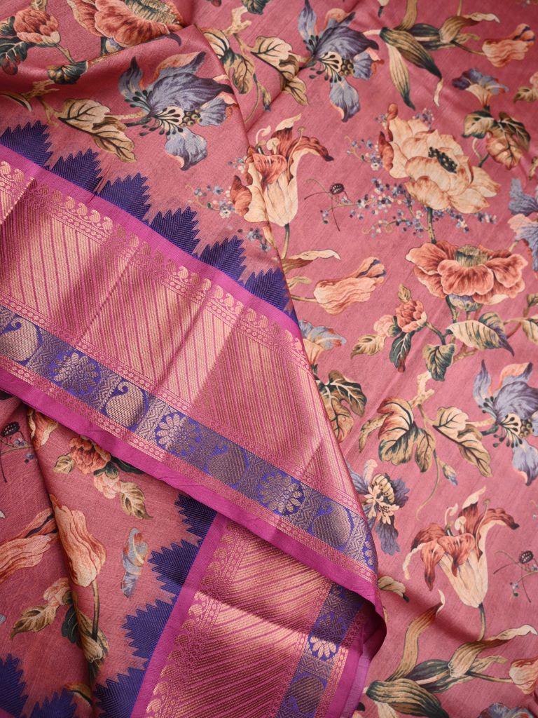 Jute tussar fancy saree peach color allover digital prints & zari border with brocade pallu and printed blouse