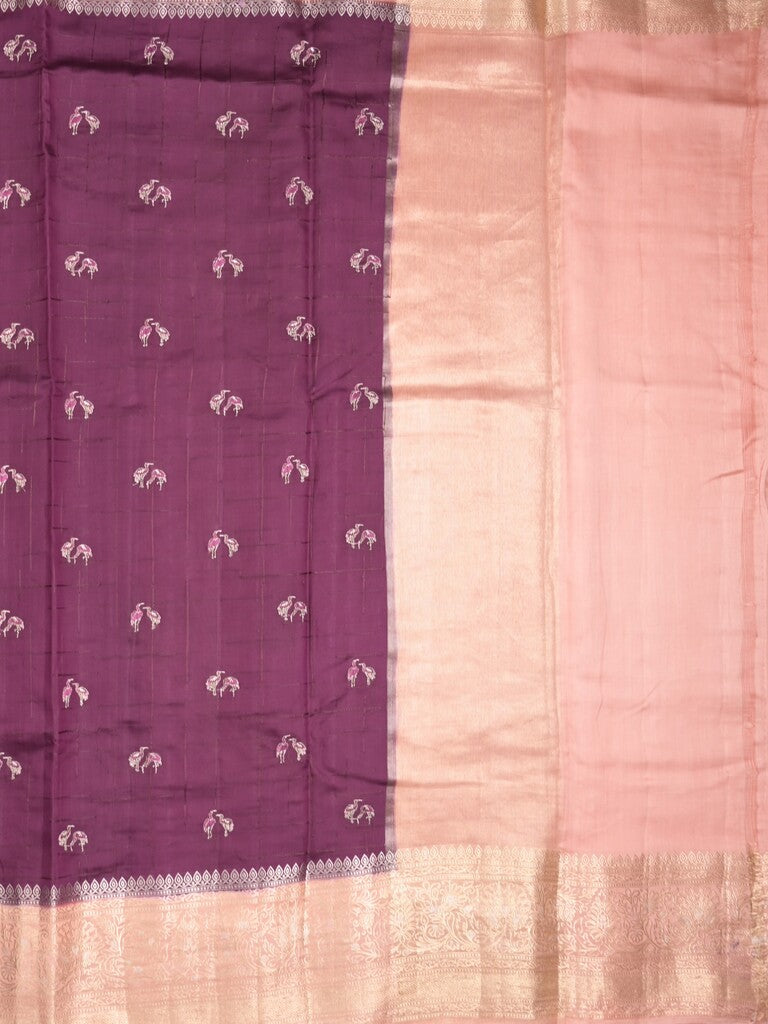 Munga pattu saree wine color allover weaves & zari border with short pallu and attached plain blouse