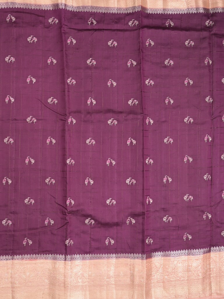 Munga pattu saree wine color allover weaves & zari border with short pallu and attached plain blouse