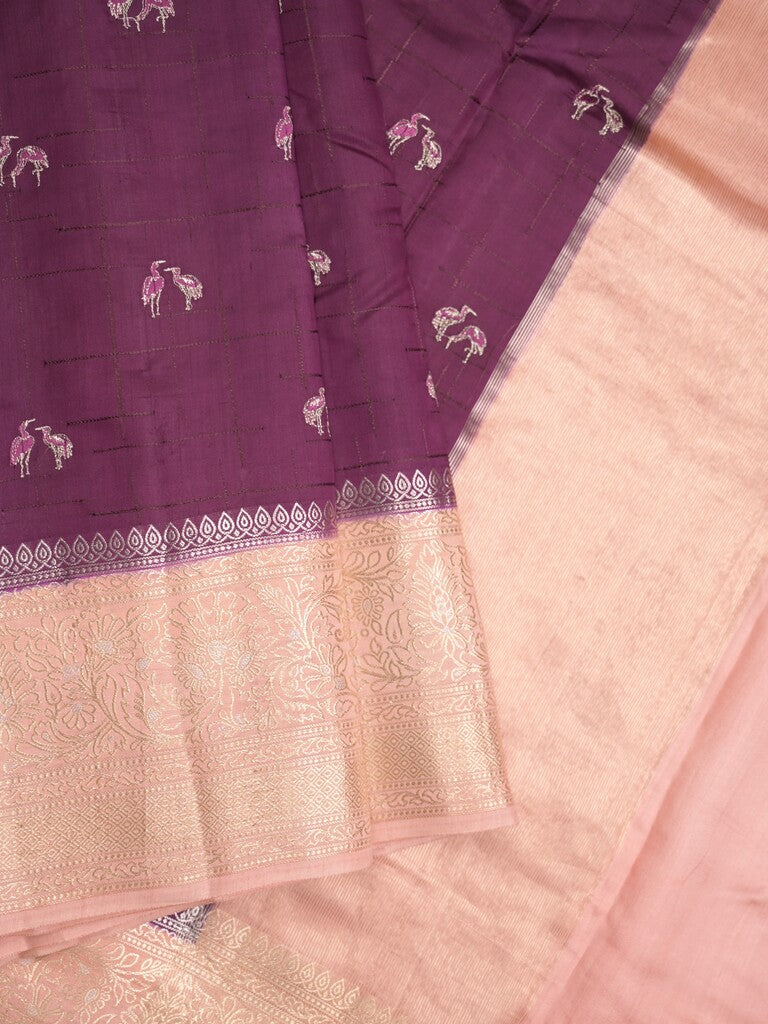 Munga pattu saree wine color allover weaves & zari border with short pallu and attached plain blouse