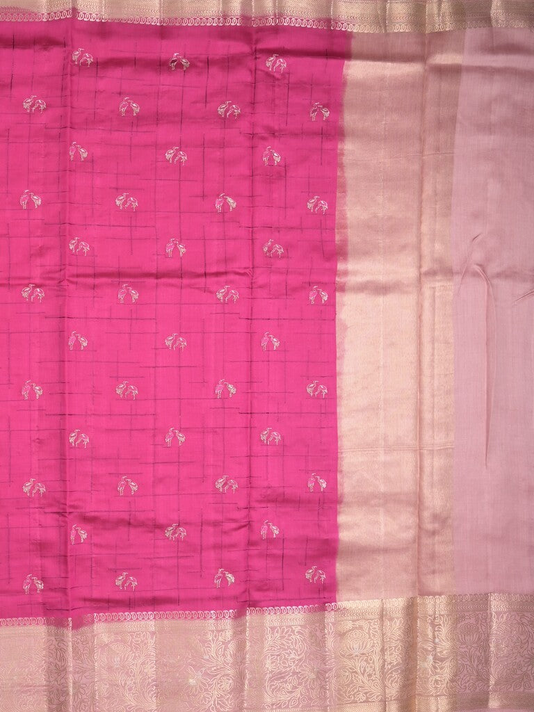 Munga pattu saree pink color allover weaves & zari border with short pallu and attached plain blouse