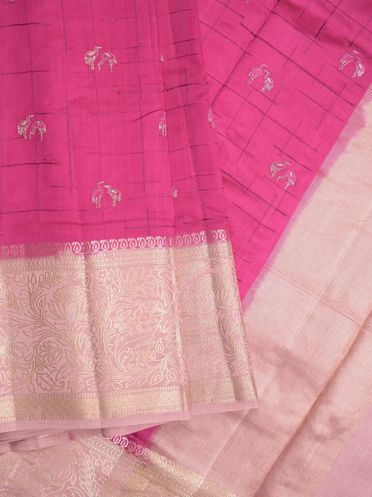 Munga pattu saree pink color allover weaves & zari border with short pallu and attached plain blouse