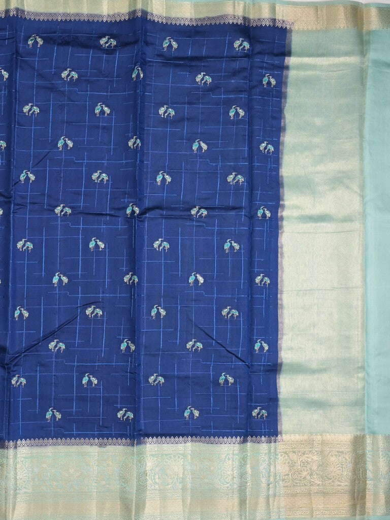 Munga pattu saree royal blue color allover weaves & zari border with short pallu and attached plain blouse