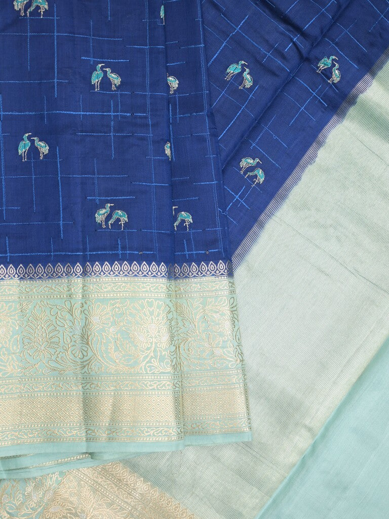 Munga pattu saree royal blue color allover weaves & zari border with short pallu and attached plain blouse