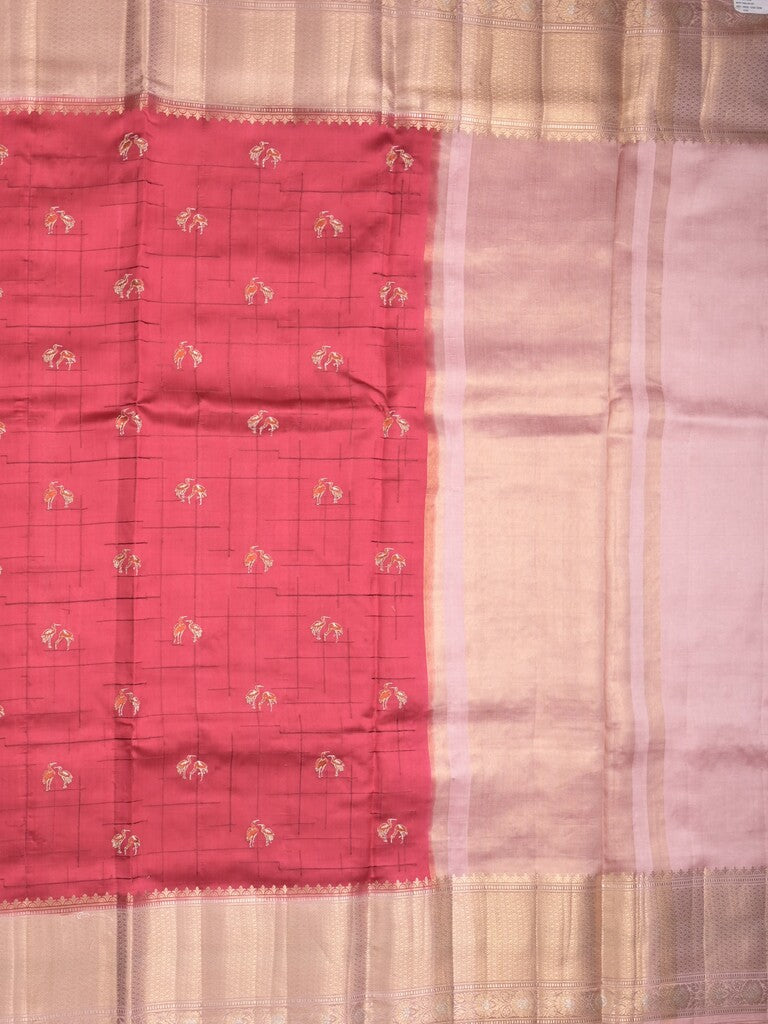Munga pattu saree red color allover weaves & zari border with short pallu and attached plain blouse