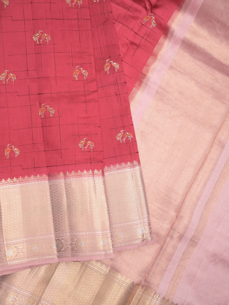 Munga pattu saree red color allover weaves & zari border with short pallu and attached plain blouse