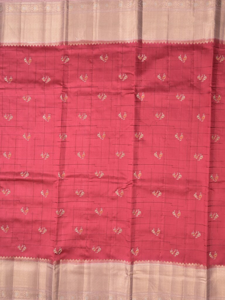 Munga pattu saree red color allover weaves & zari border with short pallu and attached plain blouse