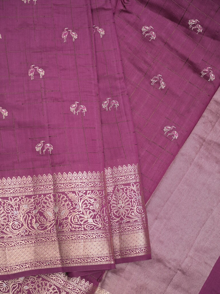 Munga pattu saree dark purple color allover weaves & zari border with short pallu and attached plain blouse